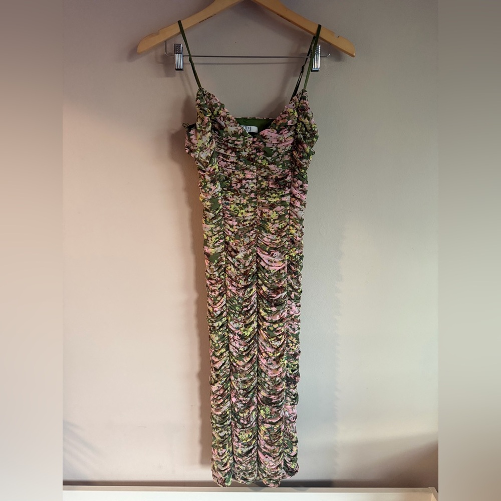 AFRM Los Angeles Pink Olive Floral Ruched Mesh Midi Bodycon Dress‎ Womens Small